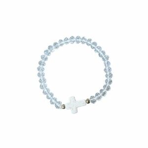 Faceted Clear Elegant Bead Cross Stretch Bracelet Faith Jewelry Gift Pouch NEW